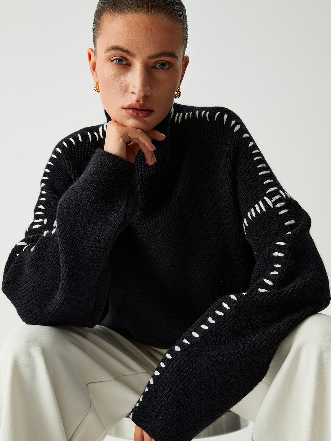 Alma | Chunky Turtleneck Sweater Featuring Piqué Accents