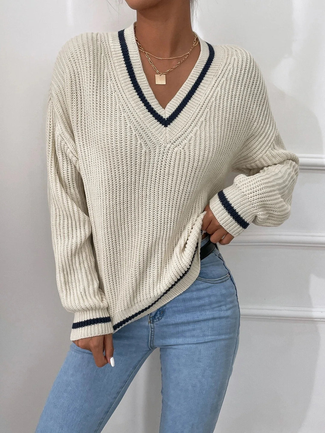 Marina | Waffle Knit Sweater with Striped Design