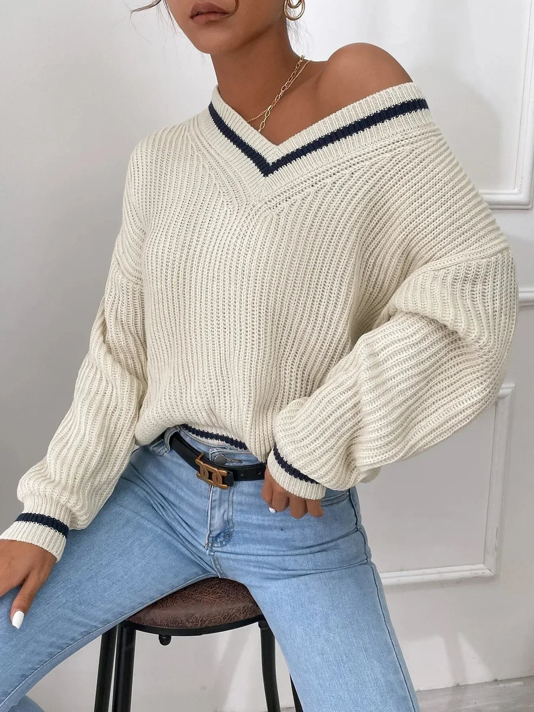 Marina | Waffle Knit Sweater with Striped Design