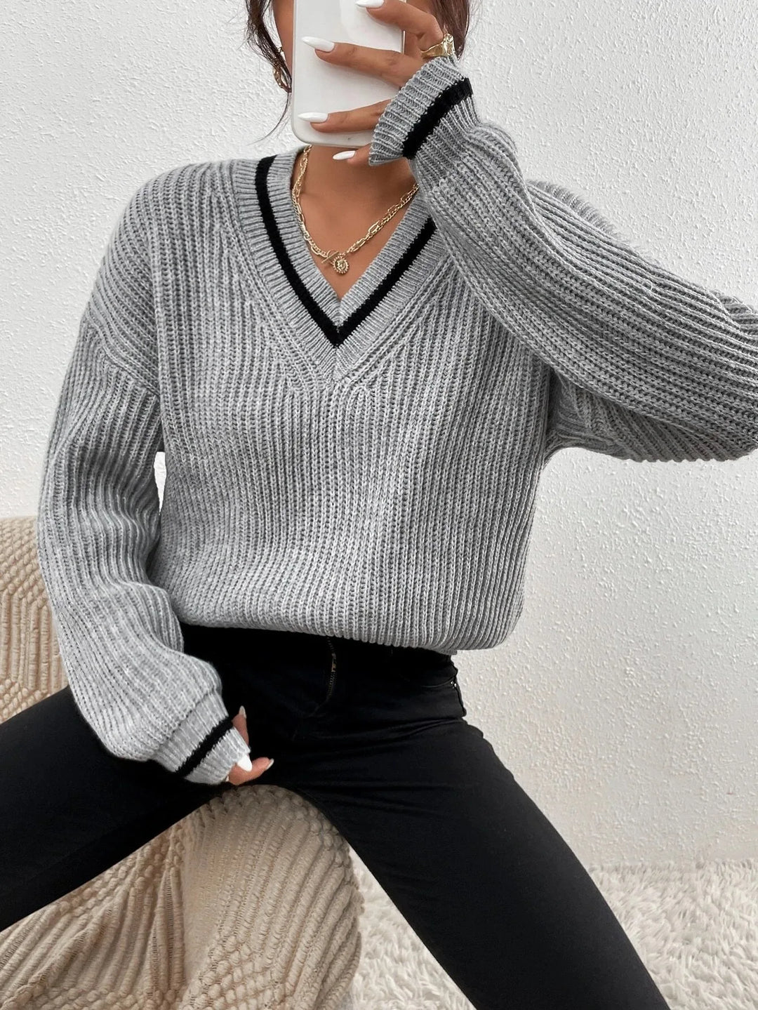 Marina | Waffle Knit Sweater with Striped Design