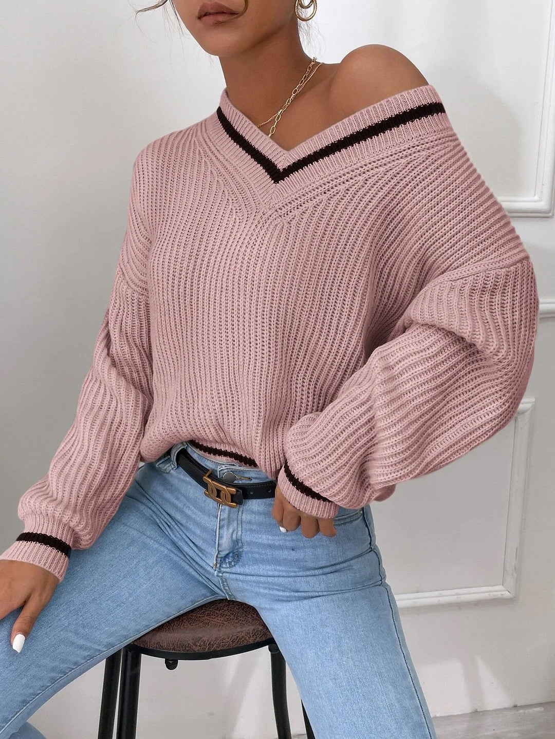 Marina | Waffle Knit Sweater with Striped Design