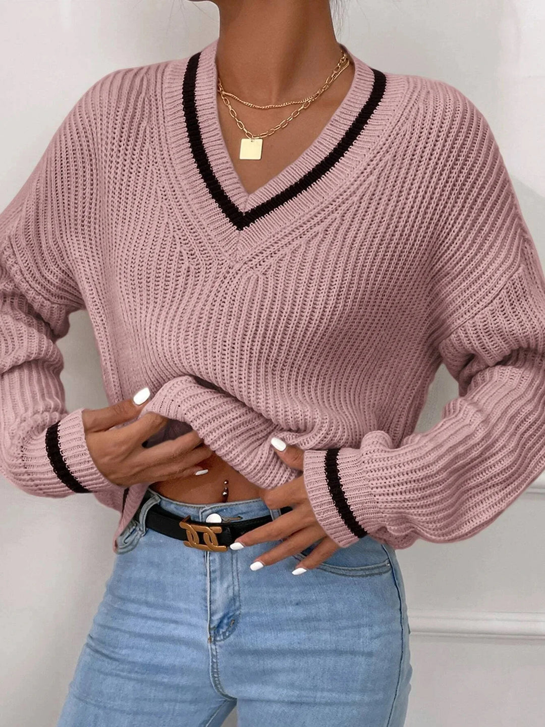 Marina | Waffle Knit Sweater with Striped Design