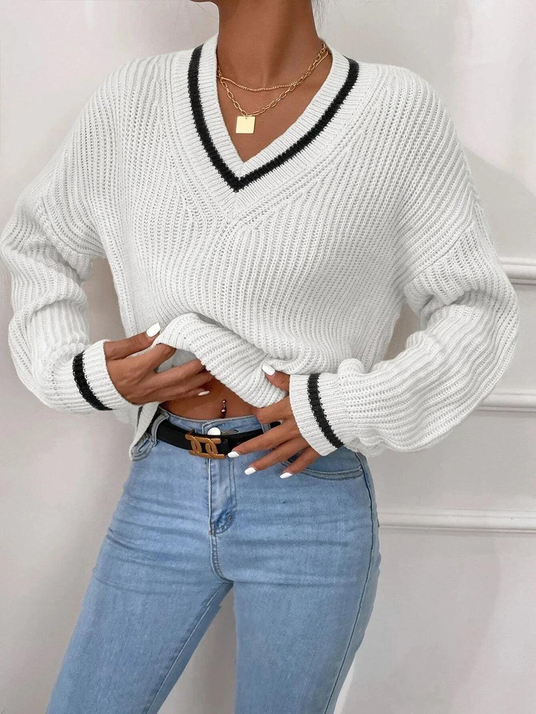 Marina | Waffle Knit Sweater with Striped Design